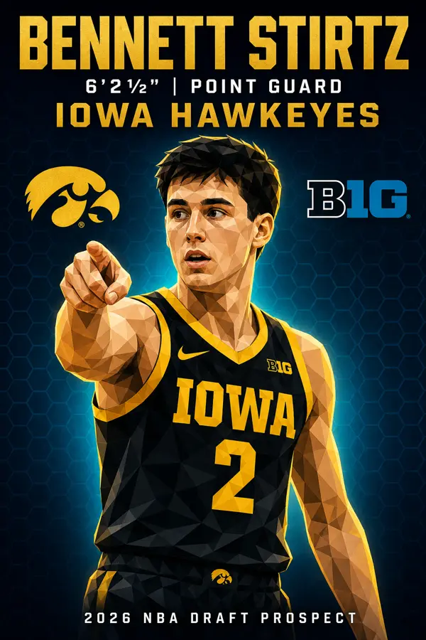 Stylized low-poly graphic of Bennett Stirtz in his Iowa Hawkeyes jersey, pointing forward — 6'2½
