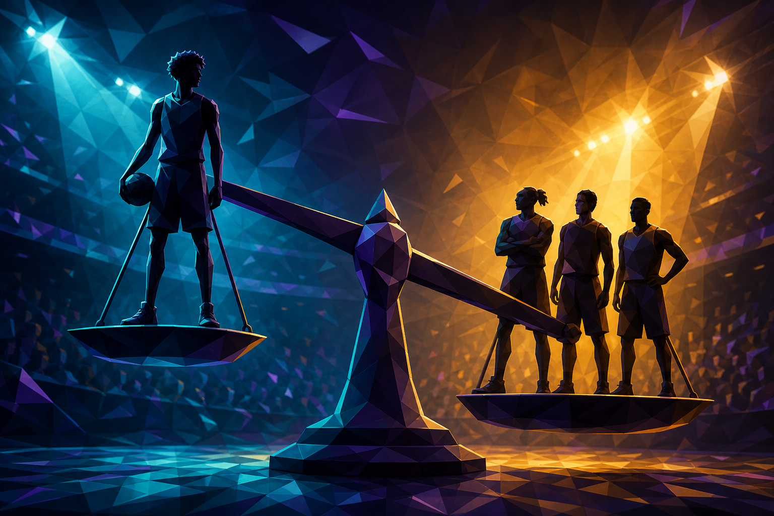 Editorial illustration — Charlotte Hornets balance scale with Naz Reid, Grayson Allen, Royce O'Neale on one side, LaMelo Ball on the other