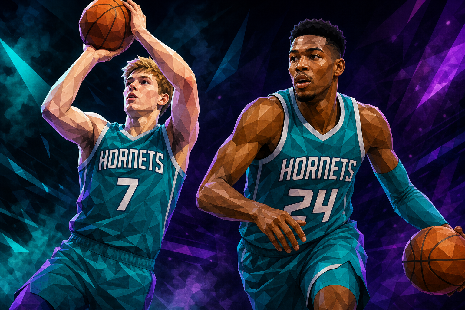Composite editorial illustration — Kon Knueppel and Brandon Miller in Charlotte Hornets uniforms