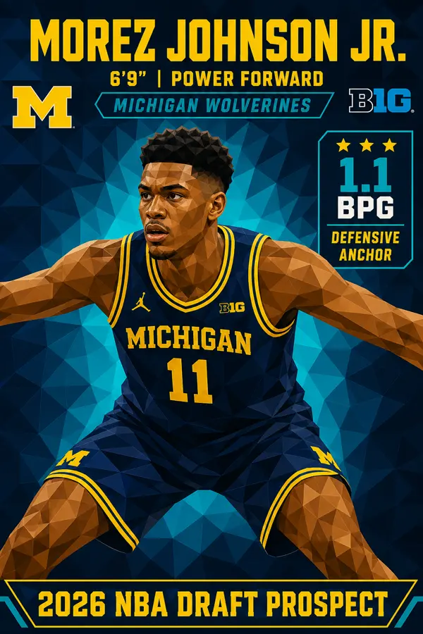 Stylized low-poly graphic of Morez Johnson Jr. in his Michigan Wolverines navy jersey — 6'9