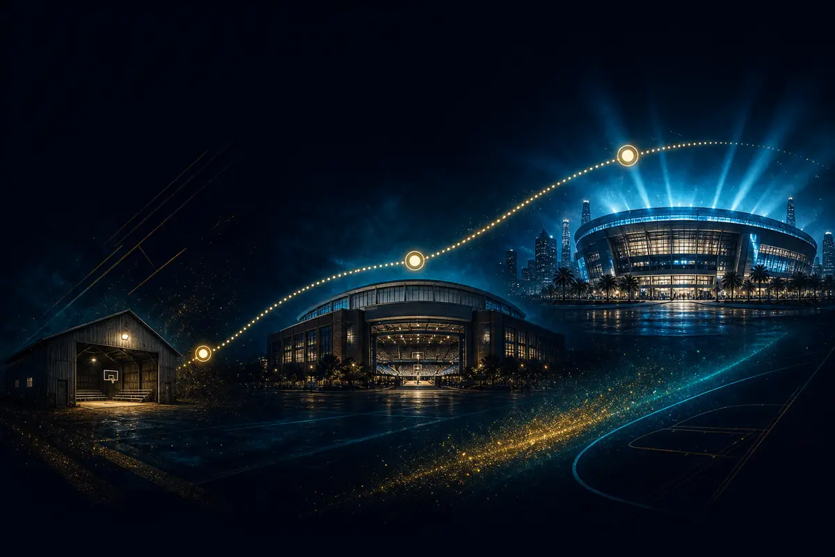 A glowing trajectory line arcing upward from a small humble gymnasium on the left, through a mid-size arena in the center, to a bright professional arena on the right