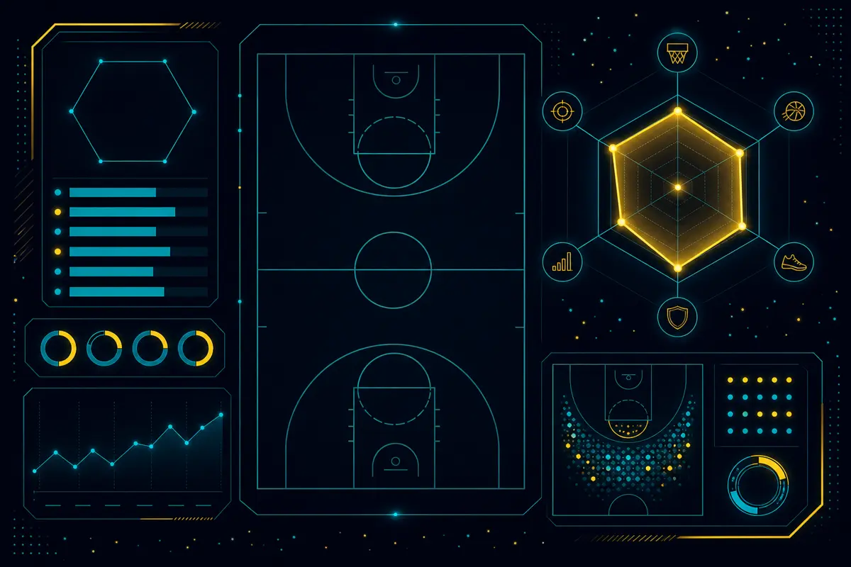 A stylized basketball analytics dashboard with court outline, radar chart, donut gauges, and a shot map in navy, teal, and gold