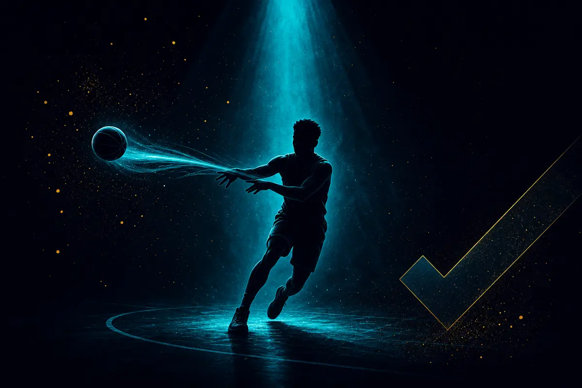 A dramatic teal spotlight shining down on a silhouette of a point guard in mid-pick-and-roll, with a glowing teal motion trail and a gold checkmark