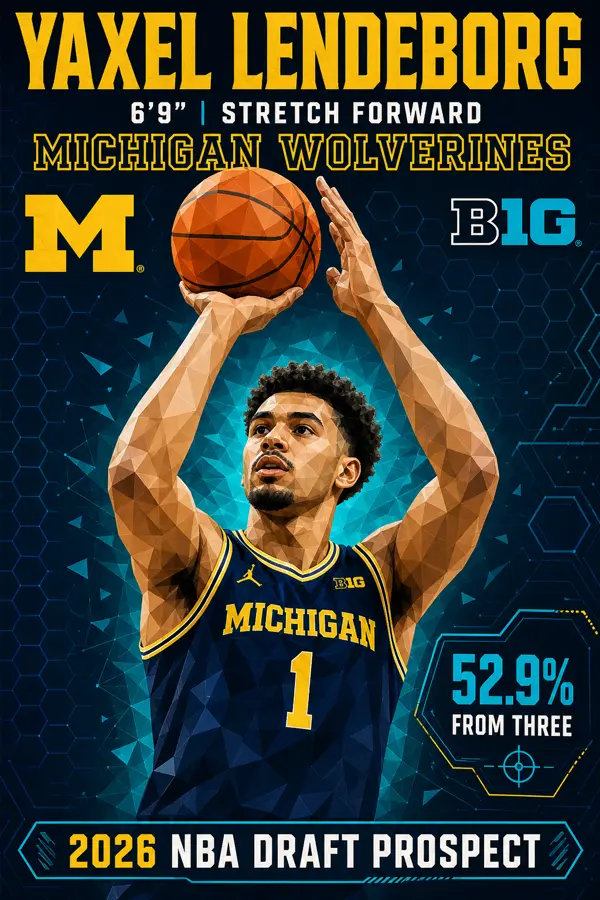 Stylized low-poly graphic of Yaxel Lendeborg in his Michigan Wolverines navy jersey, shooting a three-pointer — 6'9